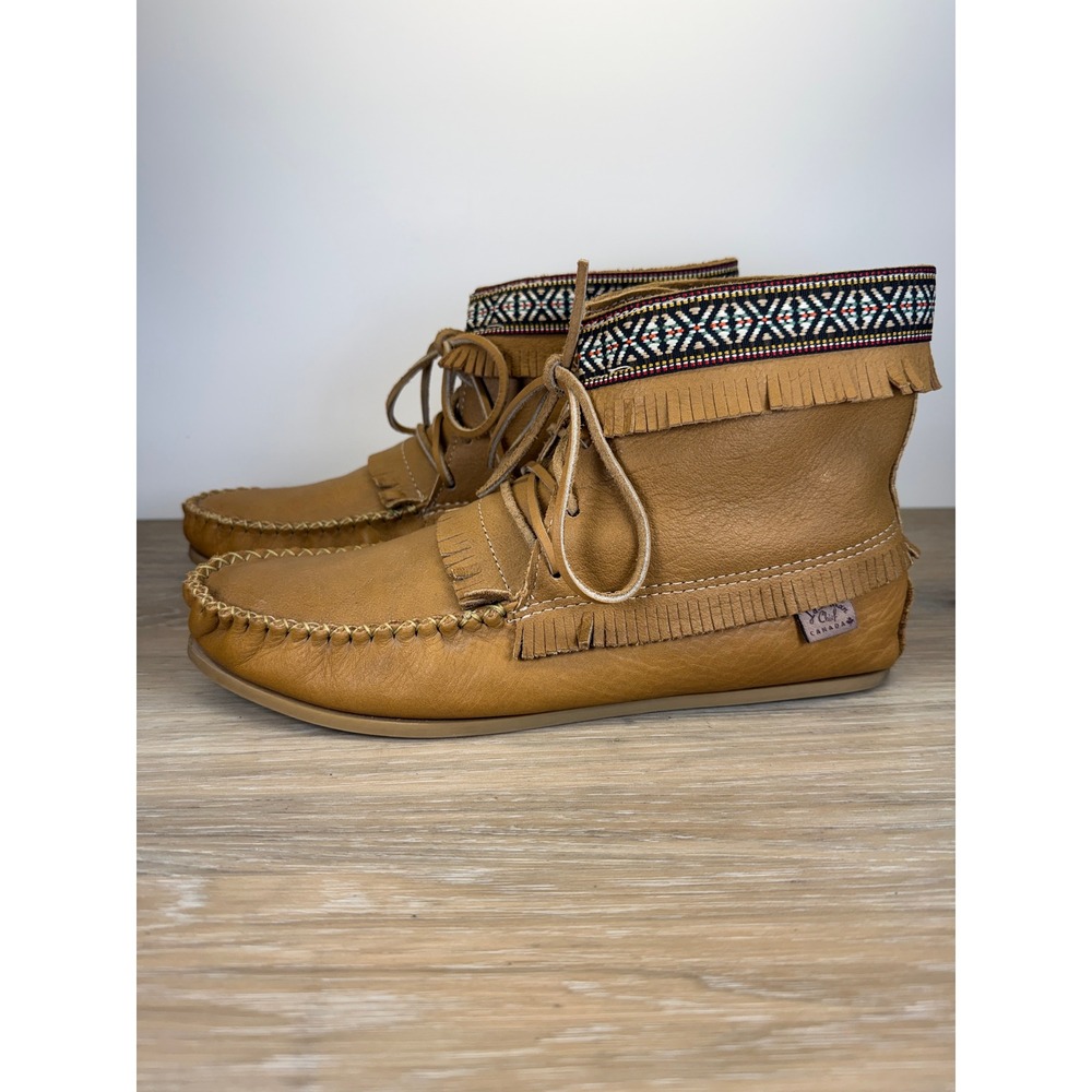 Laurentian Chief 12 Tan Genuine Moose Hide Leather Fringed Moccasin Ankle Boots